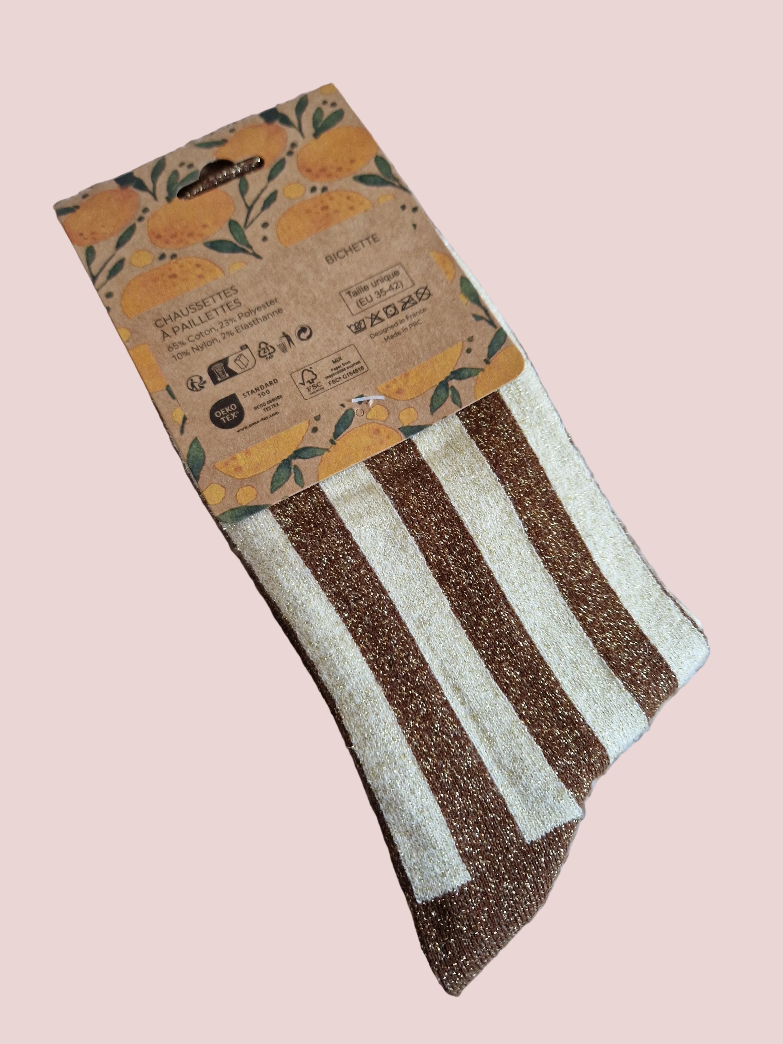 Chaussettes Bichette rayé marron crème rose
