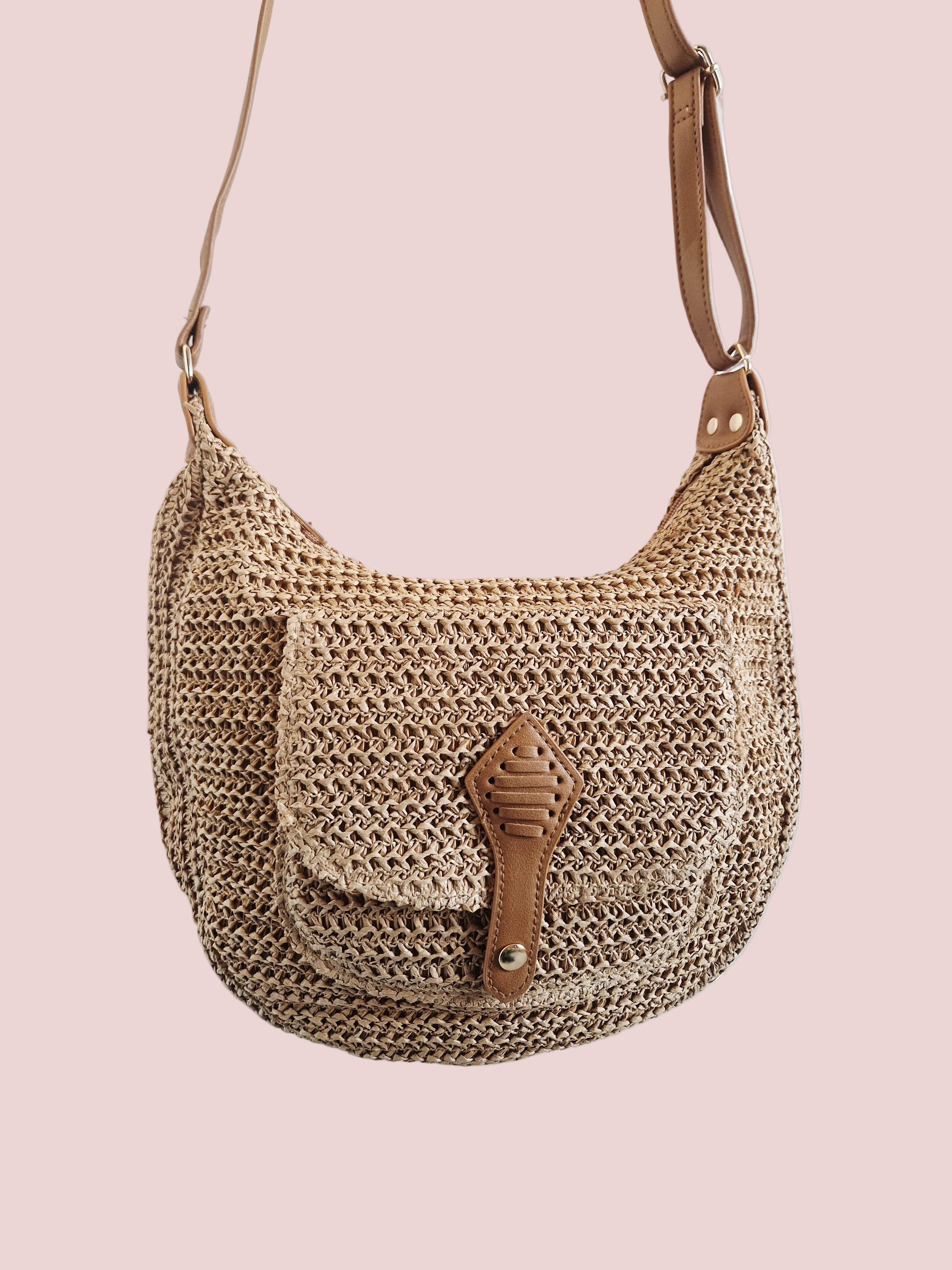 Sac bandoulière raphia foncé