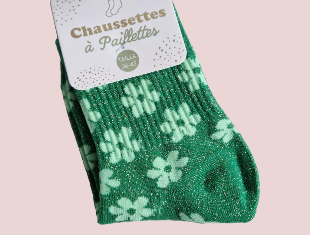 Chaussettes pailletées fleurs verte