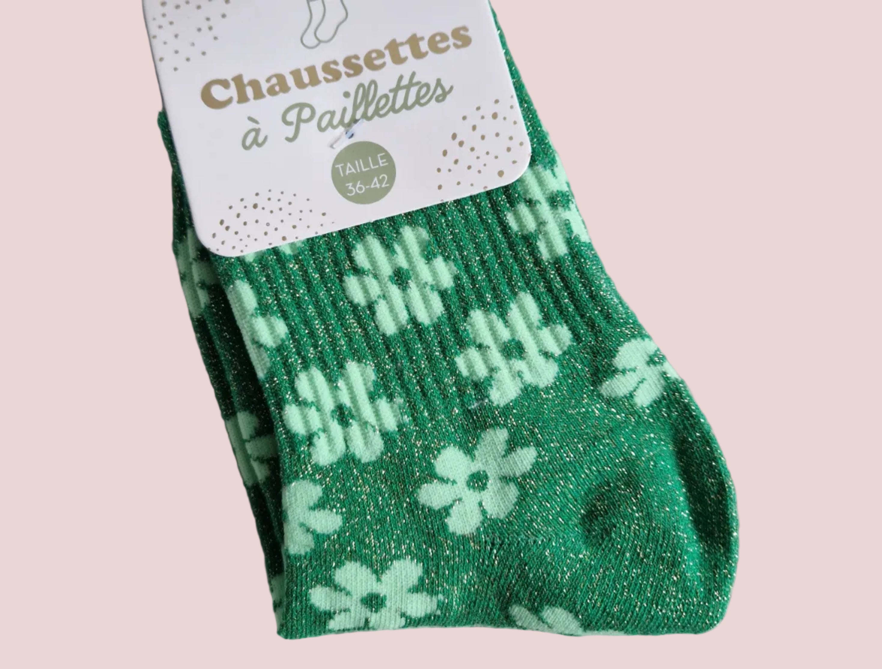 Chaussettes pailletées fleurs verte