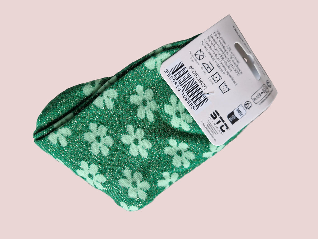 Chaussettes pailletées fleurs verte