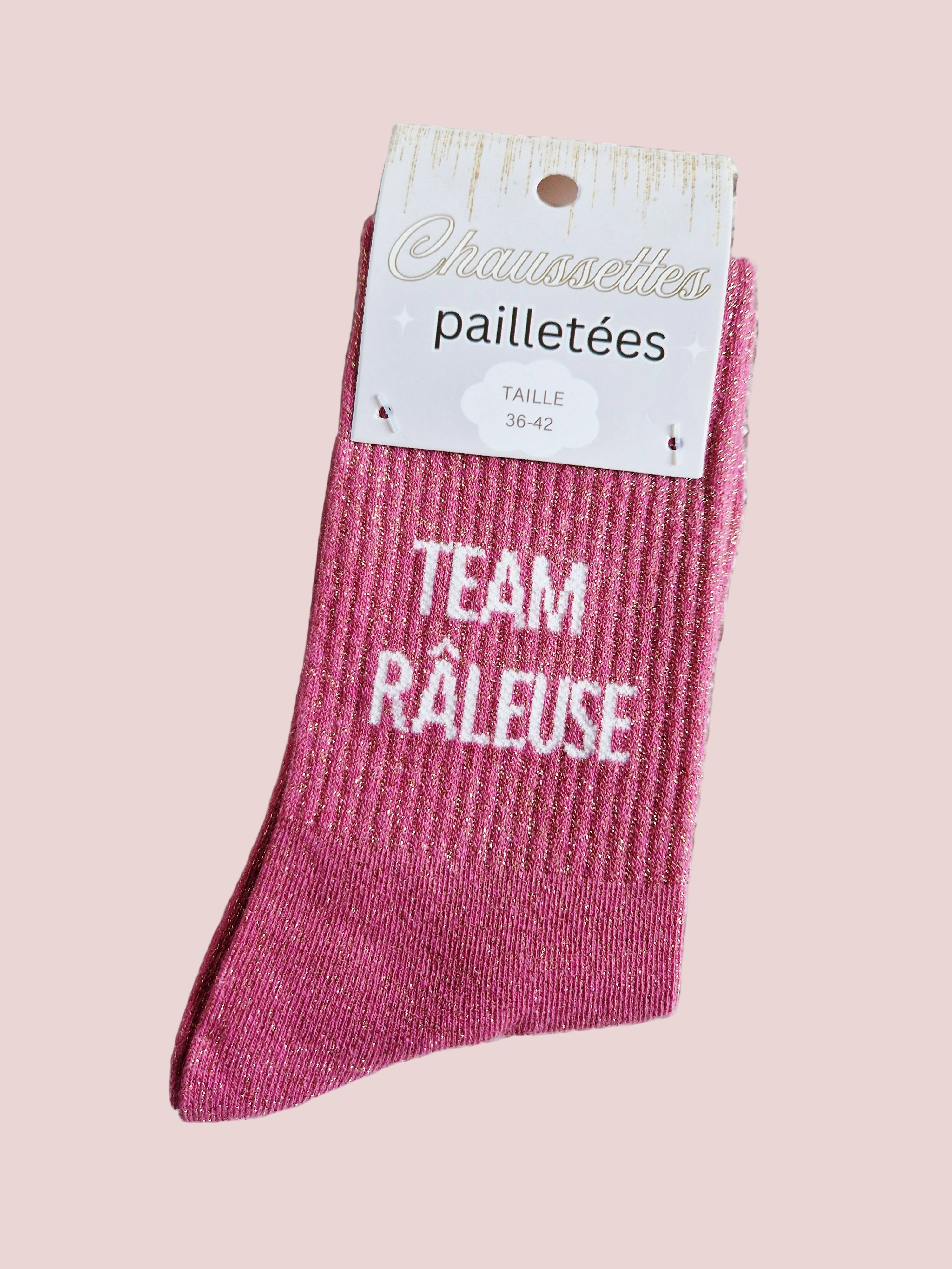 Chaussettes pailletées Team Râleuse rose
